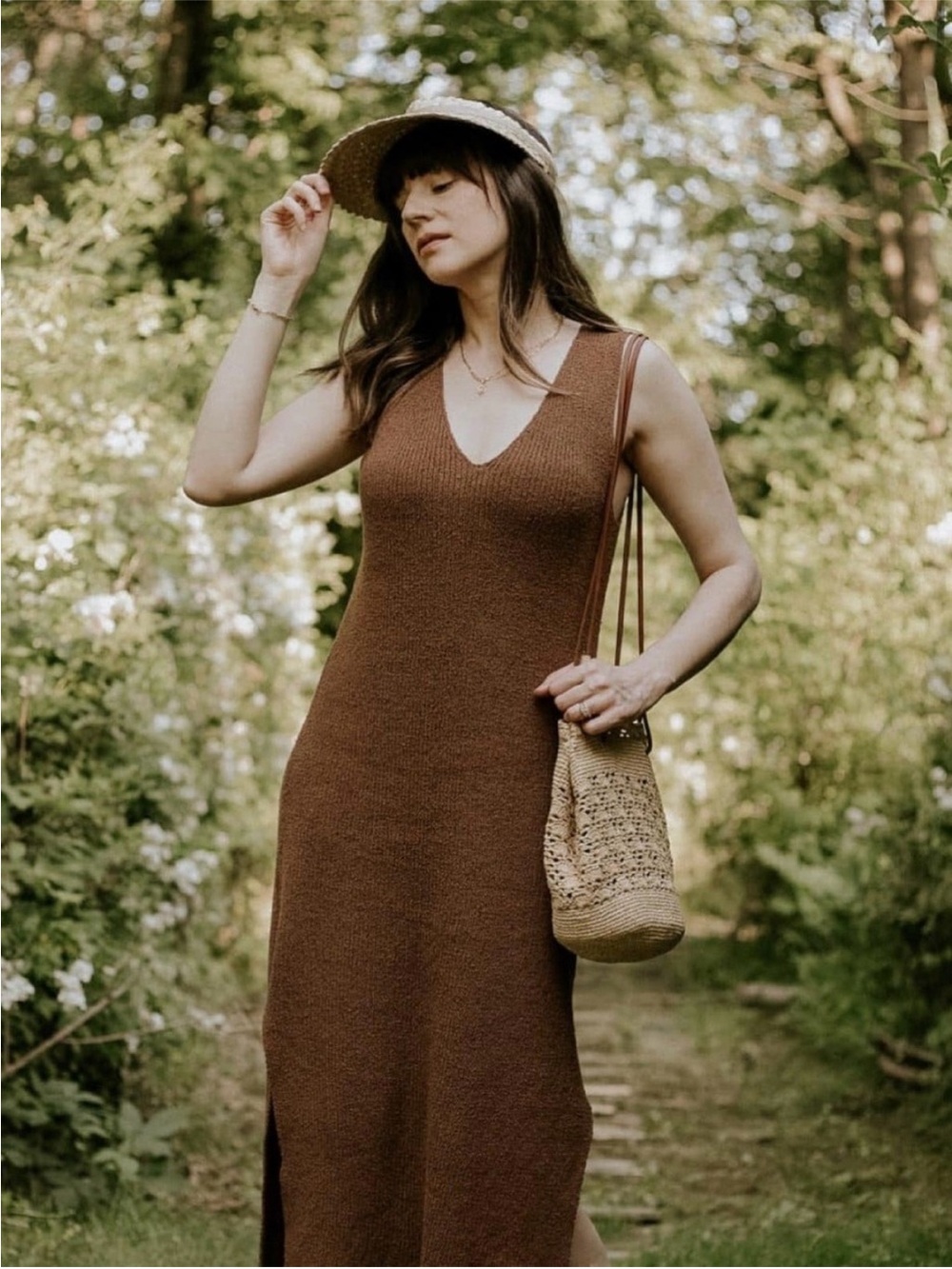 OZMA Brown Knit V-Neck Maxi Dress